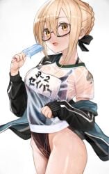 blonde_hair edit fate_(series) female_focus food glasses mysterious_heroine_x_(alter) nyatabe_(artist) open_mouth popsicle queen_of_spades see-through standing subtle swimsuit tagme tattoo transparent_shirt wet_clothes yellow_eyes