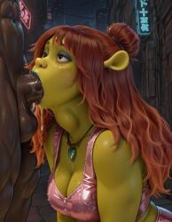 ai_generated big_black_cock blowjob cum cum_in_mouth dark-skinned_male deepthroat dreamworks felicia_(shrek) nose_piercing ogre ogre_girl piercing saliva shrek_(series) shrek_5 throat_bulge throat_fuck