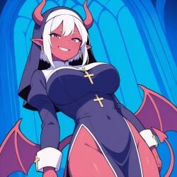 ai_generated darksorceress demon demon_girl demon_horns demon_tail earrings horns large_breasts nun nun_outfit pointy_ears red_skin smug smug_grin smug_smile succubus succubus_horns tail thick_thighs white_hair wings