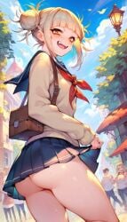 ai_generated bag blonde_hair exhibitionism fangs funny_ai himiko_toga lamppost large_ass looking_at_viewer looking_back my_hero_academia public short_hair skirt skirt_lift standing thighhighs