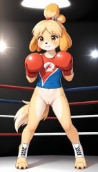 1girls 2025 ai_generated animal_crossing anthro blonde_female blonde_hair blushing bottomless bottomless_female boxing boxing_gloves brown_eyes canine digitigrade female female_only hi_res indoors innie_pussy isabelle_(animal_crossing) looking_at_viewer nintendo pussy smile