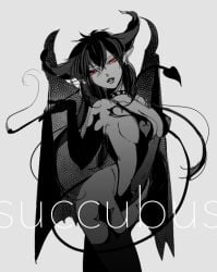 alternate_costume big_breasts cleavage demon_girl demon_horns demon_tail female female_only genderswap_(mtf) gintama hijikata_toshiro kiseru long_hair looking_at_viewer monochrome pointy_ears red_eyes rule_63 sideboob smoking solo spot_color succubus succubus_horns succubus_tail utsumi