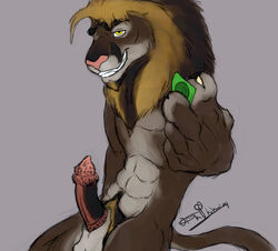 1boy anthro balls barbs brown condom feline fur furry lion male male_only orthan penis sheath solo tail