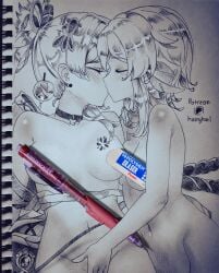 2girls absurdres art_tool_censor art_tools_in_frame blush breasts breasts_apart censored closed_eyes collar completely_nude eraser fingering genshin_impact graphite_(medium) greyscale hair_ornament harri.hari highres kiss lumine_(genshin_impact) mechanical_pencil medium_breasts monochrome multiple_girls navel nude patreon_username pencil photo_(medium) short_hair short_hair_with_long_locks stomach traditional_media upper_body yoimiya_(genshin_impact) yuri