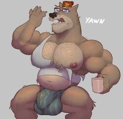 anthro balls big_balls big_bulge big_penis bulge fez flaccid fleshformomo furry gravity_falls male male_only penis ripped_clothing solo solo_male stanley_pines underwear wolf yawn yawning