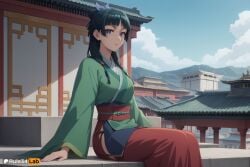 1girls ai_generated architecture black_hair blue_eyes blue_sky blunt_bangs breasts building chinese_clothes cloud day east_asian_architecture green_hair hair_beads hair_bun hair_ornament hanfu hi_res kusuriya_no_hitorigoto long_hair long_sleeves looking_at_viewer maomao_(kusuriya_no_hitorigoto) mountain outdoors rule34lab sash sitting sky solo the_apothecary_diaries wide_sleeves