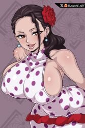 1girls arms_behind_back big_boobs big_breasts black_hair blannis_art boobs boobs_bigger_than_head breasts breasts_bigger_than_head erect_nipples one_piece polka_dot_dress seductive_smile viola_(one_piece)