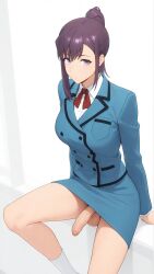 1boy ai_generated blazer dickgirl pencil_skirt penis_pencil_skirt_combo ponytail purple_eyes purple_hair sitting socks solo solo_leveling sung_jin-ah testicles tie transgender uncensored uncircumcised_penis veiny_penis white_shirt yuuki_snow