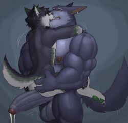 anthro balls big_balls big_penis boner canid canine erection fleshformomo foreskin furry gay huge_pennis kissing league_of_legends male male_only nude penis sweat sweating warwick wolf