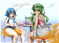 2girls ass ass big_ass big_butt blue_eyes blue_hair blush dark-skinned_female english_text fart fart_cloud fart_fetish farting game_freak green_eyes green_hair lana_(pokemon) lazei looking_back mallow_(pokemon) nintendo pokemon pokemon_sm shorts sitting smile text thick_thighs