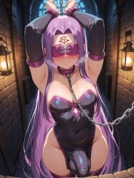 ai_generated bare_shoulders bdsm_collar blindfold blindfolded blush blush blush_lines bondage bondage bound bound_hands bound_wrists bulge bulge_through_clothing chain_leash chained chains civitai cleavage dickgirl dress eyes_covered fate/grand_order fate/stay_night fate_(series) futa_only futanari futasub hands_above_head hi_res leash leash_and_collar medusa_(fate) nervous nervous_expression patreon pelvic_curtain purple_hair stable_diffusion standing submissive_futa worried yuckle