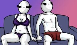 1boy1girl alternate_version_available bald bald_female bald_male belly belly_button black_eyes bra breasts chetoh claire_(chetoh) cleavage couch egg eggmale female looking_up male/female oc open_mouth original original_character pained_expression panties purple_bra purple_panties red_underwear sitting sitting_on_couch sweat sweatdrop sweating underwear white_body