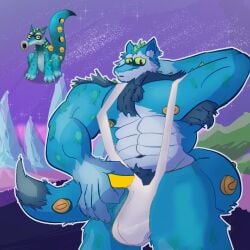 1boy anthro anthro_on_anthro bara blue_fur blue_hair blue_skin buff bulge bulge_through_clothing bulge_under_clothes confused confused_expression confused_face confused_look ethereal_monster fox fox_ears fur male male_only mankini muscular muscular_anthro muscular_male muscular_male_only my_singing_monsters saxophone sexy sox_(msm) white_mankini white_thong zacharoo0731_(artist)