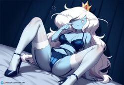 adventure_time ai_generated cameltoe garter_belt high_heels ice_queen_(adventure_time) lingerie sleepy stockings strappy_heels