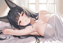 bed bedroom black_hair blush covering covering_breasts female fox_ears long_hair medium_breasts pixiv red_eyes