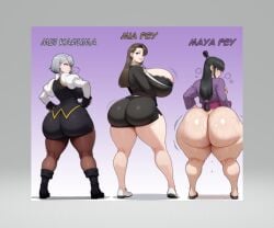 3girls ai_art ai_assisted ai_generated angry angry_expression ass_shake back_view black_bra black_eyes black_hair blue_hair blush boots bottom_heavy bottomless bra breasts brown_hair child_bearing_hips earring edited_screencap fat_ass female_only gyakuten_saiban hair_accessory horny_female huge_ass huge_breasts karuma_mei long_hair looking_at_viewer looking_back maya_fey mia_fey miniskirt no_panties no_pants pantyhose scarf short_hair slim_waist smiling thick_ass thick_thighs top_heavy