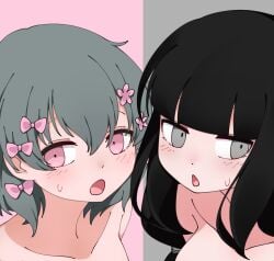 2girls bar_censor black_hair blunt_bangs blush bow censored closed_mouth collarbone completely_nude crossover flower green_hair grey_eyes hair_between_eyes hair_flower hair_ornament hairbow highres inabakumori iyowa_girls kurari-chan_(iyowa) kyu-kurarin_(cevio) long_hair looking_at_viewer multiple_girls multiple_hair_bows nazunobasho nude open_mouth osage_(nukunuku_nigirimeshi) pink_bow pink_eyes pink_flower pov short_hair sidelocks split_theme straight sweat variant_set