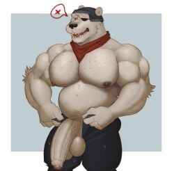 anthro balls big_balls big_penis flaccid fleshformomo fortnite furry male male_only penis penis_out polar_bear polar_patroller shirtless solo solo_male sweat sweating ursid