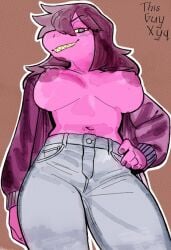 anthro areolae bedroom_eyes big_breasts bottomwear breasts breasts_out deltarune exposed_breasts female female_anthro female_focus female_only hair hair_over_one_eye hands_on_hips hi_res jacket jacket_open jeans long_hair looking_at_viewer looking_down looking_down_at_viewer mostly_clothed no_bra pants partially_clothed posing posing_for_the_viewer purple_body purple_hair scalie scalie_female seductive sharp_teeth shirtless showing_breasts showing_off smile smug smug_face smug_grin solo solo_female solo_focus susie_(deltarune) thisguyxyq undertale_(series) viewed_from_below watermark