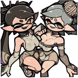 2girls ;d bare_shoulders black_hair bow-shaped_hair breast_press breasts bridal_gauntlets brown_eyes callie_(grand_festival) callie_(splatoon) cleavage collarbone color_guide cousins cross-shaped_pupils crown elbow_gloves fangs gloves grand_festival_(splatfest) grey_gloves grey_hair grin inkling inkling_girl large_breasts leg_up long_hair marie_(grand_festival) marie_(splatoon) mini_crown mole mole_under_eye multiple_girls name_omoitukan2 nintendo now_or_never_crown now_or_never_spikes official_alternate_costume omoitukan2 one_eye_closed open_mouth orange_eyes pointy_ears shiny_skin short_hair simple_background smile spikes splatfest splatoon splatoon_(series) splatoon_3 symbol-shaped_pupils symmetrical_docking team_past_(splatfest) teeth tentacle_hair white_background yellow_pupils