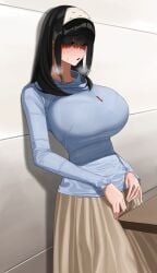 1girls black_hair blue_eyes blue_shirt blush breasts commentary_request crotch_rub grey_skirt hairband highres huge_breasts idolmaster idolmaster_cinderella_girls jewelry long_hair long_sleeves masturbation masturbation_through_clothes necklace open_mouth sagisawa_fumika senju_(snz0) shirt skirt solo sweat table table_humping white_hairband