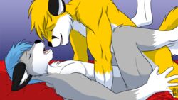 anthro blue_hair canine closed_eyes felipe fox fur furry furry_only gay grey hair male missionary_position orange sapphwolf tail takumfox yellow