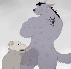 anthro balls big_balls big_penis flaccid fleshformomo furry gay huge_muscles male male_only momo_(fleshformomo) nude penis sweat sweating wolf