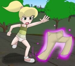 blonde_hair cindy_vortex embarrassed jimmy_neutron_boy_genius living_clothes no_pants panties pantsless pantsless_female polka_dot_panties ponytail running underpants underwear white_panties