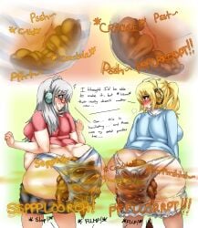 2girls anus ass ass ass_bigger_than_head asshole belly big_ass big_belly big_butt blonde_hair blue_eyes blush brown_eyes chubby_female english_text fart fart_cloud headphones lazei nitroplus open_mouth panties pants_down panty_poop rear_view scat scat shimapan shit shit shitpile shitting soiling soiling_underwear super_pochaco super_sonico_(series) super_taruco text thick_thighs twintails viewed_from_behind visible_breath white_hair white_panties x-ray