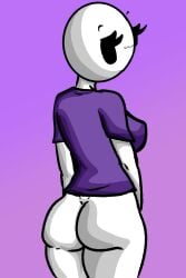 :3 ass bald bald_female black_eyes bottomless breasts chetoh claire_(chetoh) egg fat_ass female looking_at_viewer looking_back oc original original_character purple_background purple_shirt rear_view smile smiling smiling_at_viewer suggestive_look white_body