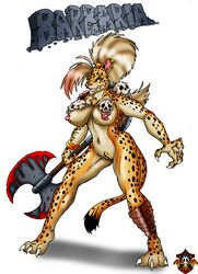 amazon anthro armor axe barbaria barbarian black_fur black_nose blonde_hair blood blood_stain bloody_axe bracelet breasts cheetah color ear_piercing feline female female_only front_view fur furry furry_breasts furry_ears furry_tail hair looking_at_viewer lordstevie monster_girl muscles nipples open_eyes orange_fur piercing pink_nipples pubic_hair pussy shield skull solo standing tail unconvincing_armor vulva warrior weapon white_background yellow_eyes