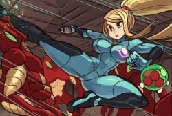 1girsl blonde_hair fully_clothed metroid ponytail samus_aran tagme