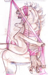 2010 anthro anthro_only band blindfold bondage cord cum enlil extinct furry furry_only labbu megafauna moropus nipples pilates resistance sketch stenomylus suspension training uaykan white_background