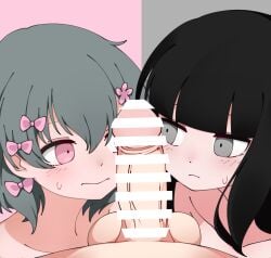 1boy 2girls bar_censor black_hair blunt_bangs blush bow censored closed_mouth collarbone completely_nude crossover flower green_hair grey_eyes hair_between_eyes hair_flower hair_ornament hairbow highres inabakumori iyowa_girls kurari-chan_(iyowa) kyu-kurarin_(cevio) long_hair looking_at_penis multiple_girls multiple_hair_bows nazunobasho nude osage_(nukunuku_nigirimeshi) penis penis_awe pink_bow pink_eyes pink_flower pov short_hair sidelocks split_theme straight sweat testicles variant_set veins veiny_penis wavy_mouth