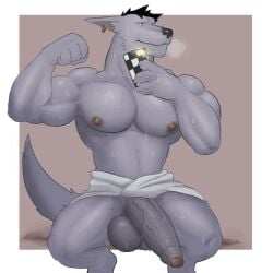 anthro balls big_balls big_penis boner erection fleshformomo flexing furry male male_only momo_(fleshformomo) penis phone solo solo_male sweat sweating wolf