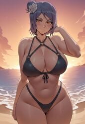 1girls abs ai_generated alternate_costume arm_behind_head beach bikini black_bikini blue_hair blush child_bearing_hips cleavage closed_mouth curvaceous curvy curvy_body curvy_female curvy_figure embarrassed flower flower_in_hair hair_ornament hourglass_figure konan mature mature_female naruto naruto_(series) naruto_shippuden nature one_arm_up orange_eyes outdoors pinup pose posing posing_for_the_viewer river seductive seductive_eyes seductive_look seductive_pose slid3y sunset swimsuit toned toned_female upper_body voluptuous walking walking_towards_viewer water wet wet_body wet_skin wide_hips