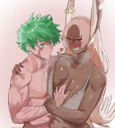 1boy 1girls breast_grab breasts bunny_ears bunny_girl dark-skinned_female deku green_eyes heroine izuku_midoriya light-skinned_male male/female mirko miruko my_hero_academia nyan_somoe rumi_usagiyama saliva_trail scars superhero superheroine white_hair