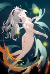 absurdres barefoot black_hairband breasts closed_eyes female fire firefly_(honkai:_star_rail) floating_hair full_body grey_hair hair_between_eyes hairband hentai_kuwa highres honkai:_star_rail honkai_(series) long_hair medium_breasts nipples nude parted_lips scar thighs