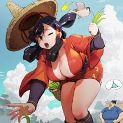 1boy aged_up alternate_breast_size basket bird black_eyes black_hair breasts cleavage cloud commentary_request female grass hair_rings hair_tubes hat highres holding japanese_clothes kimono korean_commentary large_breasts long_hair long_sleeves loped one_eye_closed open_mouth outdoors picking_up red_kimono rope sakuna-hime sakuna_of_rice_and_ruin speech_bubble straw_hat surprised tauemon tensui_no_sakuna-hime thought_bubble wardrobe_malfunction