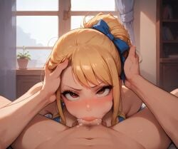 1boy ai_generated bdmaestro cheek_bulge cum cum_in_mouth deepthroat fellatio female hand_on_head lucy_heartfilia penis pov rolling_eyes