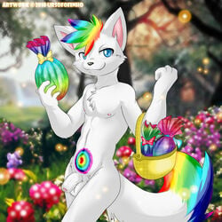 2010 anthro anthro_only balls basket blue_eyes bow_tie chest_tuft ear_tufts easter fangs feline flowers furry garden looking_at_viewer male male_only nipples no_humans nude penis rainbow revy_(character) solo tail thick_foreskin uncut ursofofinho white_fur