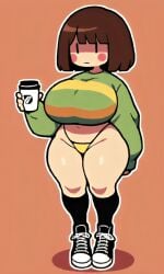 aged_up ai_generated baggy_shirt baggy_sweater bangs black_eyes black_shoes black_socks blush_stickers bob_cut brown_hair chara chara_(undertale) clothed coffee_cup converse_shoes curvy female female green_shirt green_sweater holding holding_cup holding_object kneehighs large_ass long_sleeves neutral_expression orange_background panties pixai shoulder_length_hair simple_background striped_shirt tall_female thick_thighs undertale undertale_(series) white_outline yellow_panties yellow_stripes