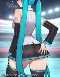 ai_generated aqua_hair aqua_nails ass ass_focus blush hand_on_butt hatsune_miku leggings miniskirt ryogangg vocaloid