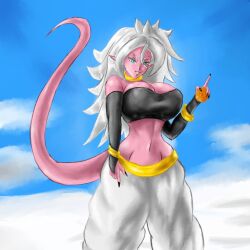 android_21 black_tank_top blue_eyes dragon_ball dragon_ball_z evil_grin floating giant_breasts gold_jewelry huge_breasts majin majin_android_21 pink_skin pointy_ears smile tail white_hair