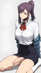 1boy 1futa ai_generated blazer dickgirl pencil_skirt penis_pencil_skirt_combo ponytail purple_eyes purple_hair sitting socks solo solo_leveling sung_jin-ah testicles tie transgender uncensored uncircumcised_penis veiny_penis white_shirt yuuki_snow