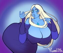 1girls bent_over blue-skinned_female blue_body blue_diamond_(steven_universe) blue_dress blue_eyes blue_hair blue_skin cartoon_network cleavage clothed clothing diamond_authority humanoid long_hair steven_universe voluptuous voluptuous_female yumlith