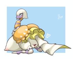 animal_genitalia areola avian bayonet_(artist) big_breasts blush breasts busty_feral cloaca espathra female female_feral feral generation_9_pokemon genitals hair hi_res huge_breasts nintendo nipples nude pink_nipples pokemon pokemon_(species) simple_background solo white_hair