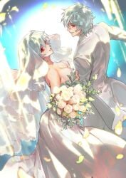 1boy 1girls big_breasts bouquet bridal_veil bride canon_genderswap cleavage dual_persona female fully_clothed genderswap_(mtf) ginko_sakata gintama gintoki_sakata groom hangleing looking_at_viewer looking_back male red_eyes rule_63 selfcest short_hair silver_hair smile veil wedding wedding_dress wedding_veil white_hair