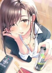 alcohol beer blush breasts brown_eyes brown_hair cleavage drunk edit female_focus fingernails head_rest jacket lips long_hair looking_at_viewer medium_breasts nail_polish office_lady open_mouth queen_of_spades shirt sitting solo subtle tattoo