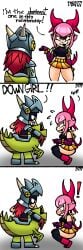 1boy 1girls alternate_version_available archie_comics armor black_panties black_stockings black_top brawl_stars comic command derp777 dialogue dominant_male down_boy draco_(brawl_stars) dragon embrassed giving_orders height_difference knight looking_at_another looking_at_partner master_of_the_starrpark melodie_(brawl_stars) meme meme_reference pet pink_hair red_bow red_hair ruler_of_the_word scared self_upload skirt smirk smirking_at_partner speech_bubble squatting submissive_female tagme taunting text thighhighs white_background